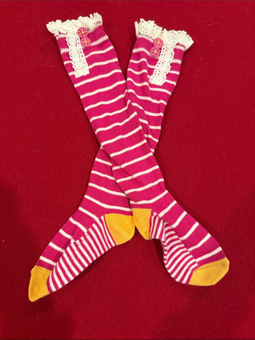 Matilda Jane Girls' Pink Striped Knee-High Socks with Yellow Toe